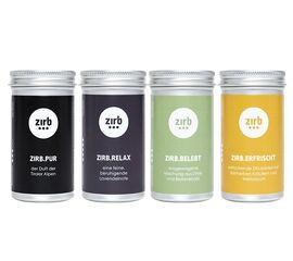 zirb.Pur, zirb.Relax, zirb.Belebt & zirb.Erfrischt. |   Ein Duft für jede Stimmung - ideal um deinen Lieblingsduft zu finden!   LIEFERUMFANG | 1 x zirb.Pur | 1 x zirb.Relax | 1 x zirb.Belebt | 1 x zirb.Erfrischt