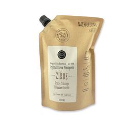 Echte flüssige Pflanzenölseife Mit Zirbelkiefer- und Fichtennadelöl, verseiften Ölen (aus Kokos, Olive, Mandel) und biologischer Schafmilch.