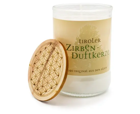 zirbenkerze, Arvenkerze Zirbenduftkerze Deckel Blume des Lebens aus dem Tirol