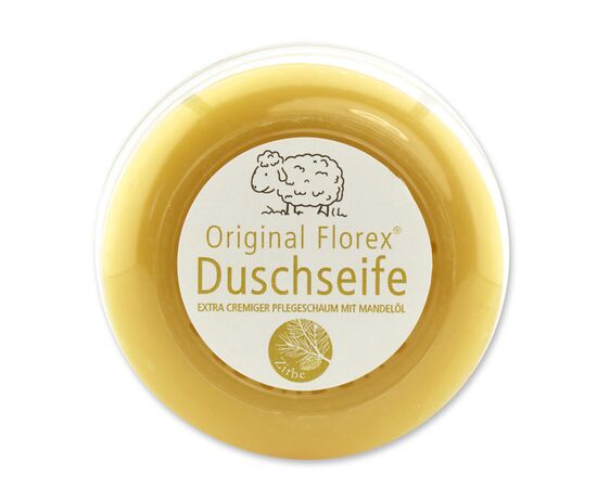 Duschseife mit Schafmilch rund 100g, in der Dose, Zirbe