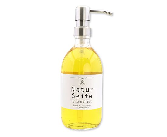 Echte flüssige Naturseife mit Schafmilch 500ml in der Glasflasche mit Metallpumpe Silber, Zirbe